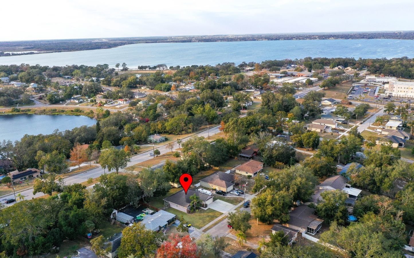 drone shot of roof looking over top of home